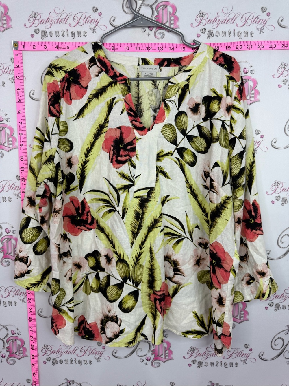Van Heusen Cream Floral V-Neck Tunic Top - Pink & Green